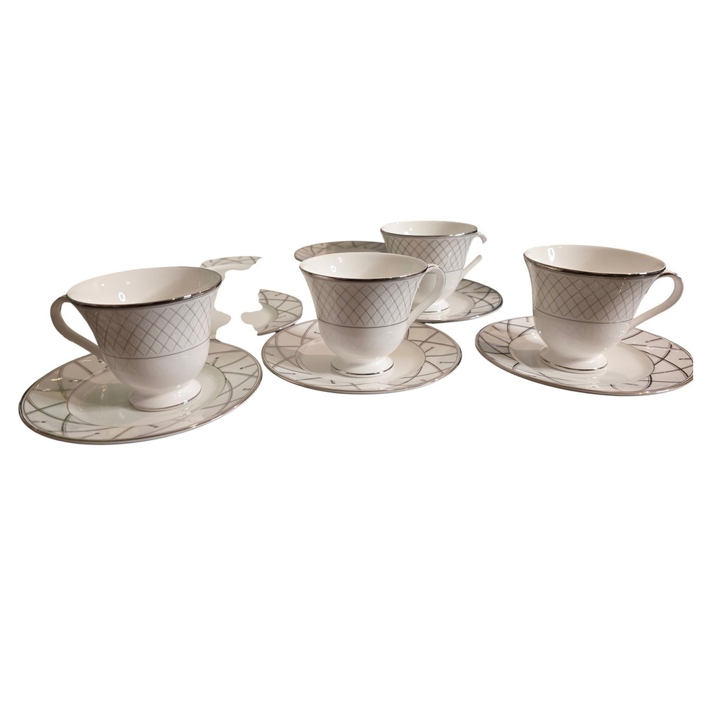 Teacup and‎ Saucer Set Waterford White Platinum Crosshaven Merrill 11pc Unisex